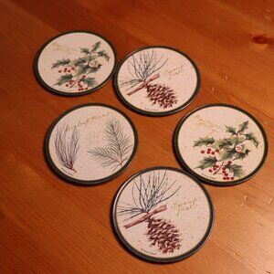 Set of 5 tree nature themed wooden metal and cork coasters, vintage green forest